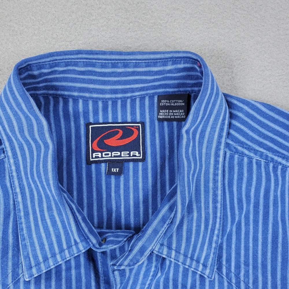 Roper Western Shirt Men 1XT Blue Striped Pearl Snap Long Sleeve Tall Cotton - Picture 3 of 6